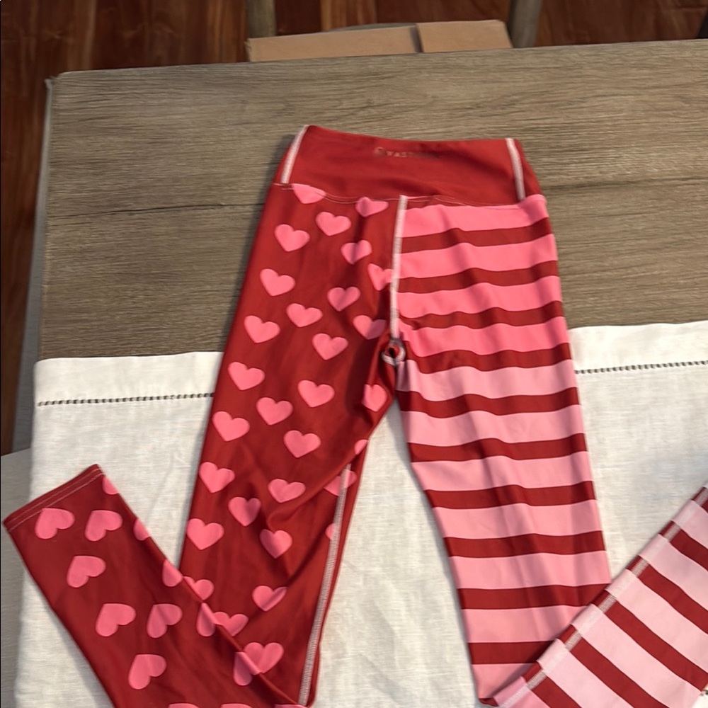 Vibrant Red and Pink Heart Stripe Leggings